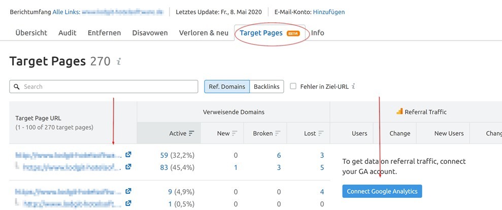 Screenshot: SEMrush Backlink Audit Target Pages