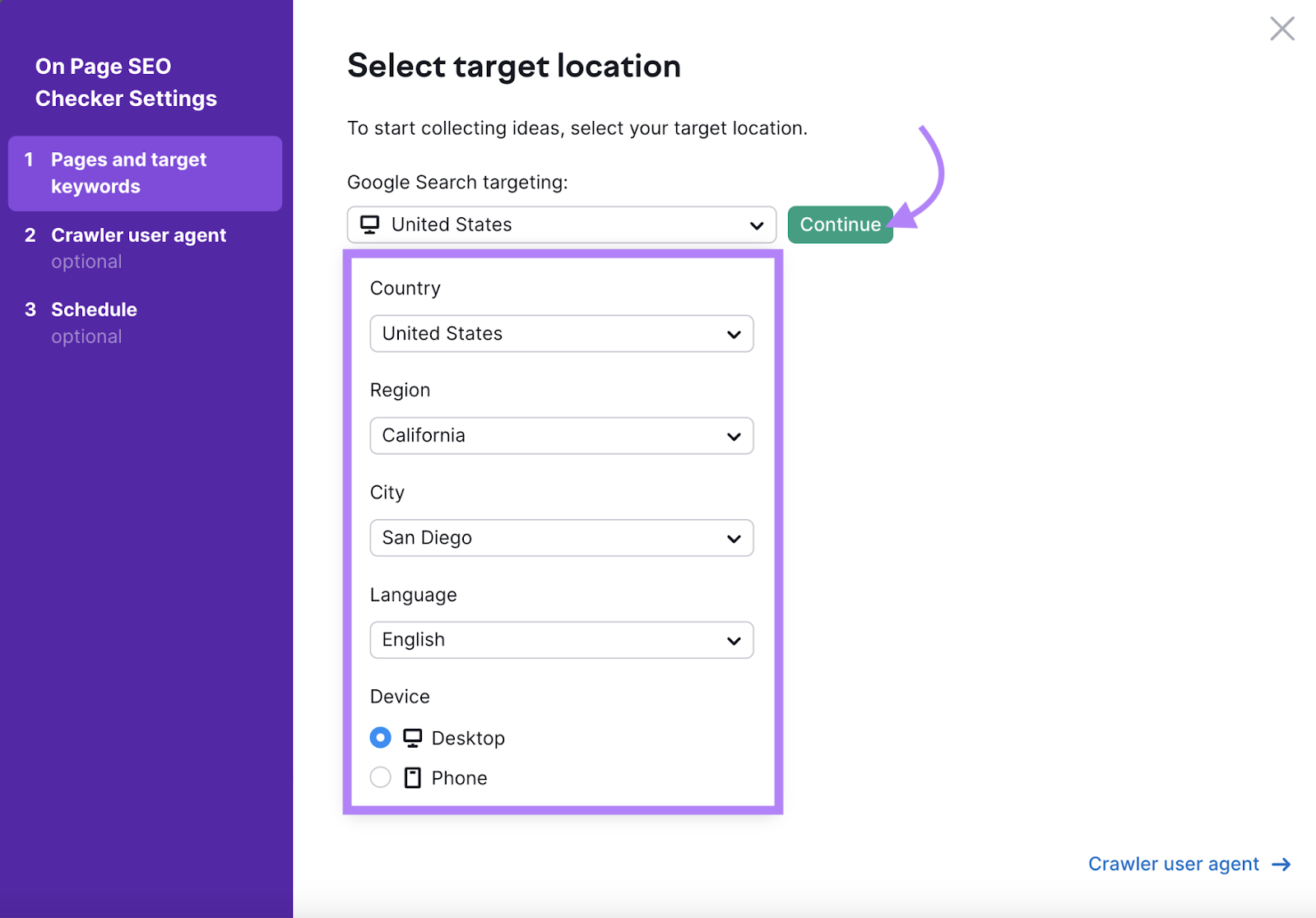 Select target location in On Page SEO Checker settings