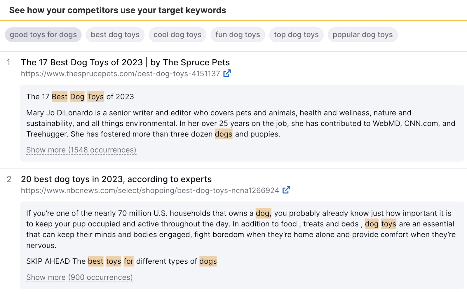 "See how your competitors use your target keywords" page
