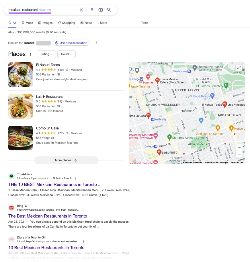 Google SERP for "mexican restaurant near me"