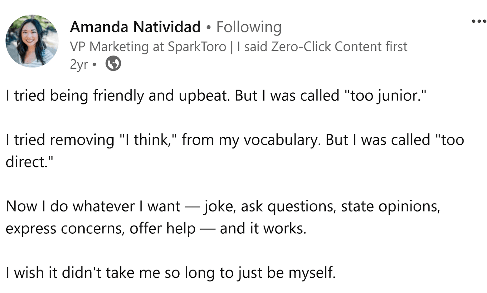 LinkedIn post by Amanda Natividad, VP of Marketing at SparkToro, reflecting on her personal growth in communication.
