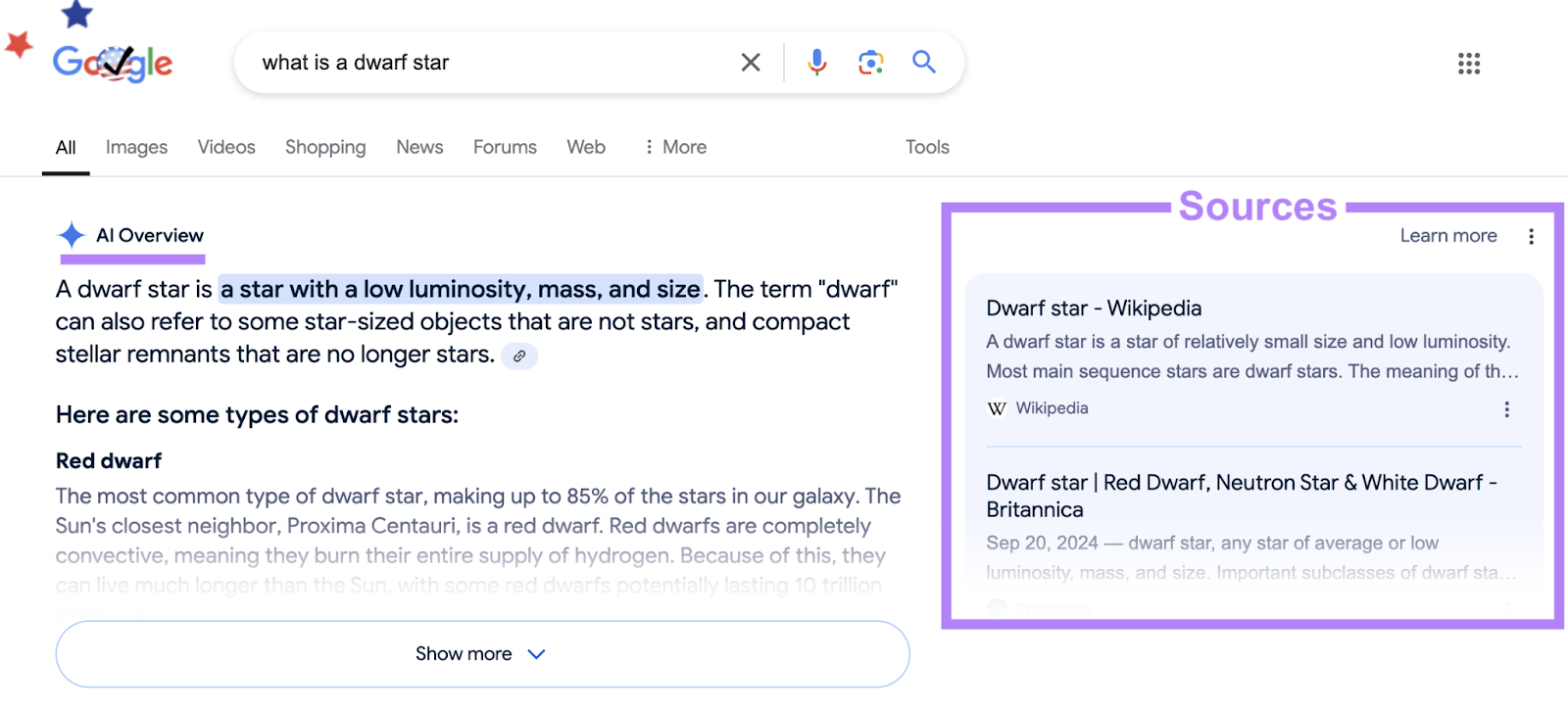 AI Overview provides a longer explanation than a featured snippet and provides sources to the right