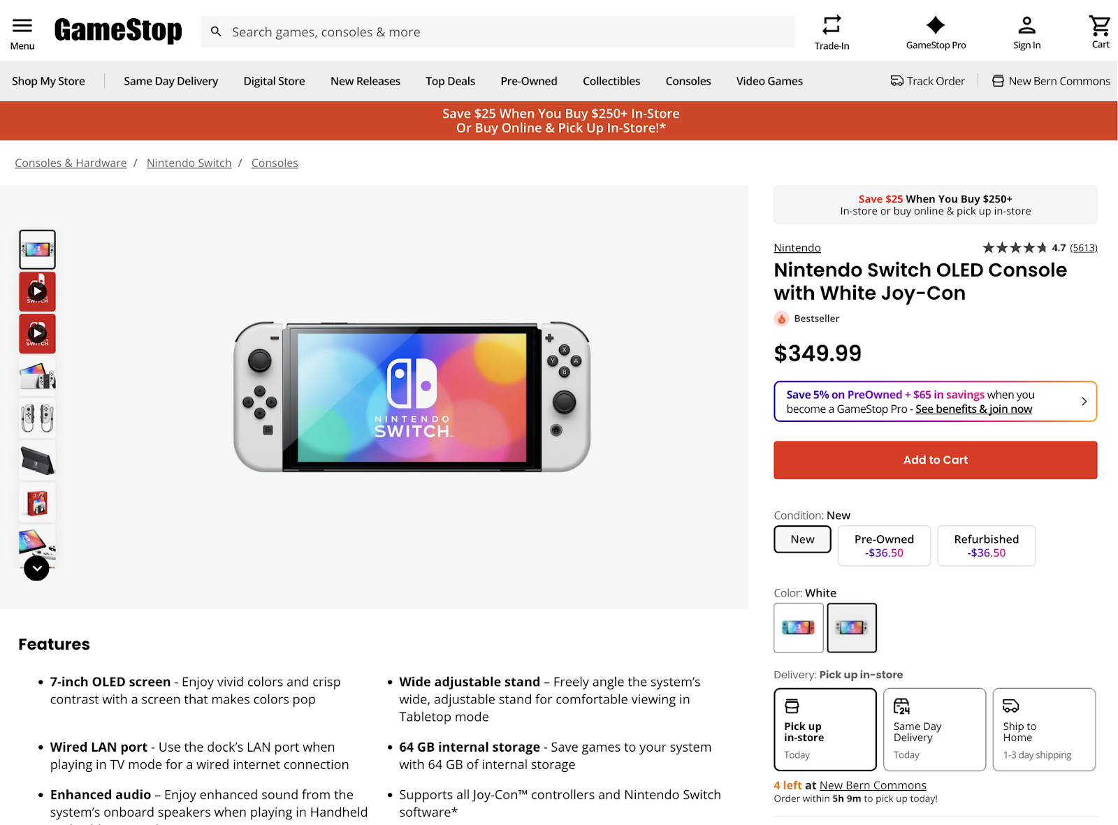nintendo switch product page with pickup in-store option and quantity on the local level
