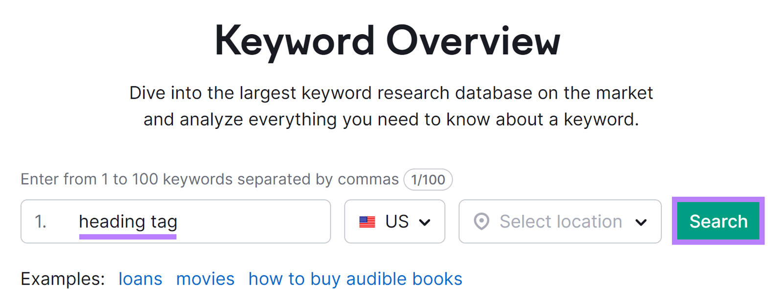 Semrush Keyword Overview tool start with 'heading tag' in input field and Search button highlighted.