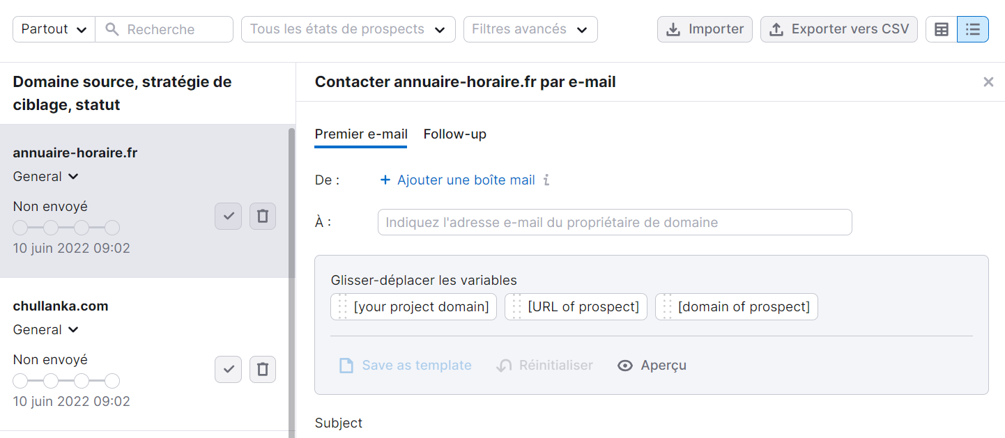 E-mail de contact dans Link Building Tool