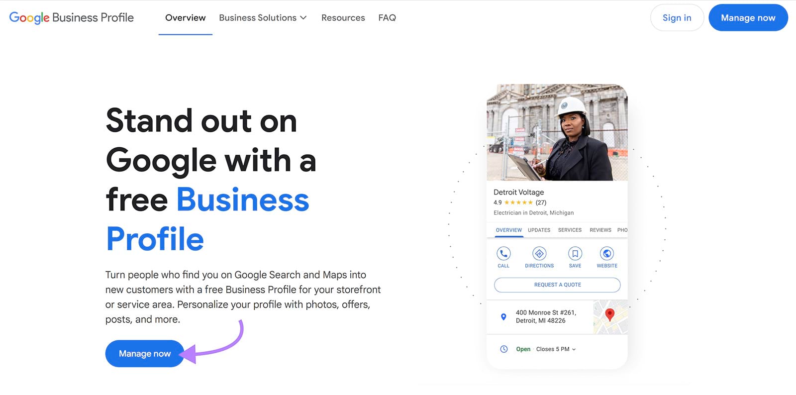 Google Business Profile landing page with arrow pointing to Manage now button.