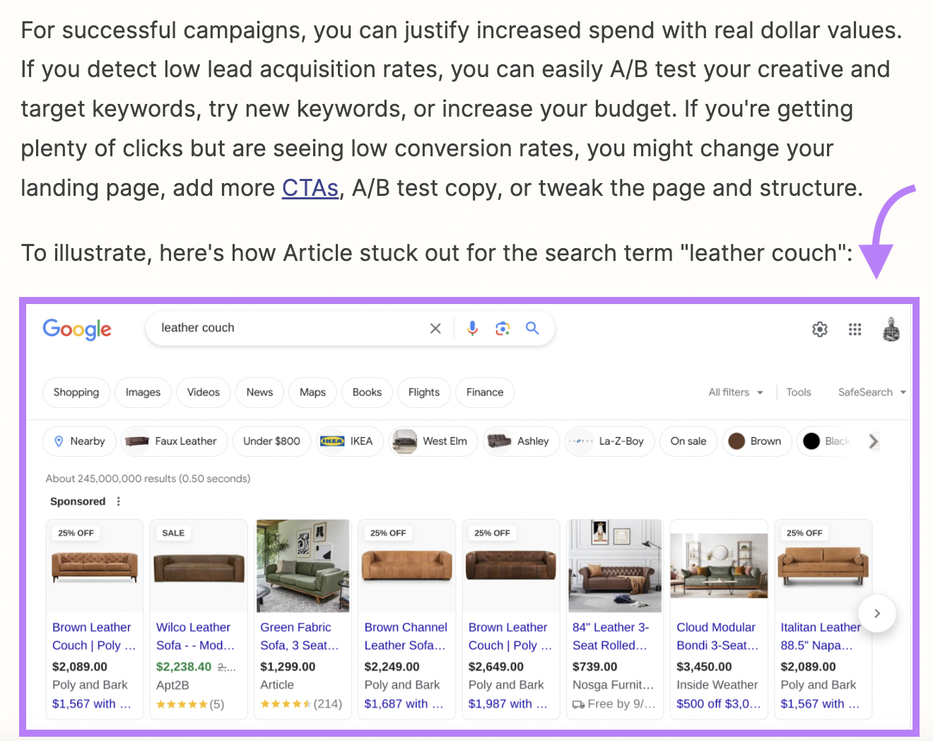 A screenshot of a Google search for leather couches in Zapier's article