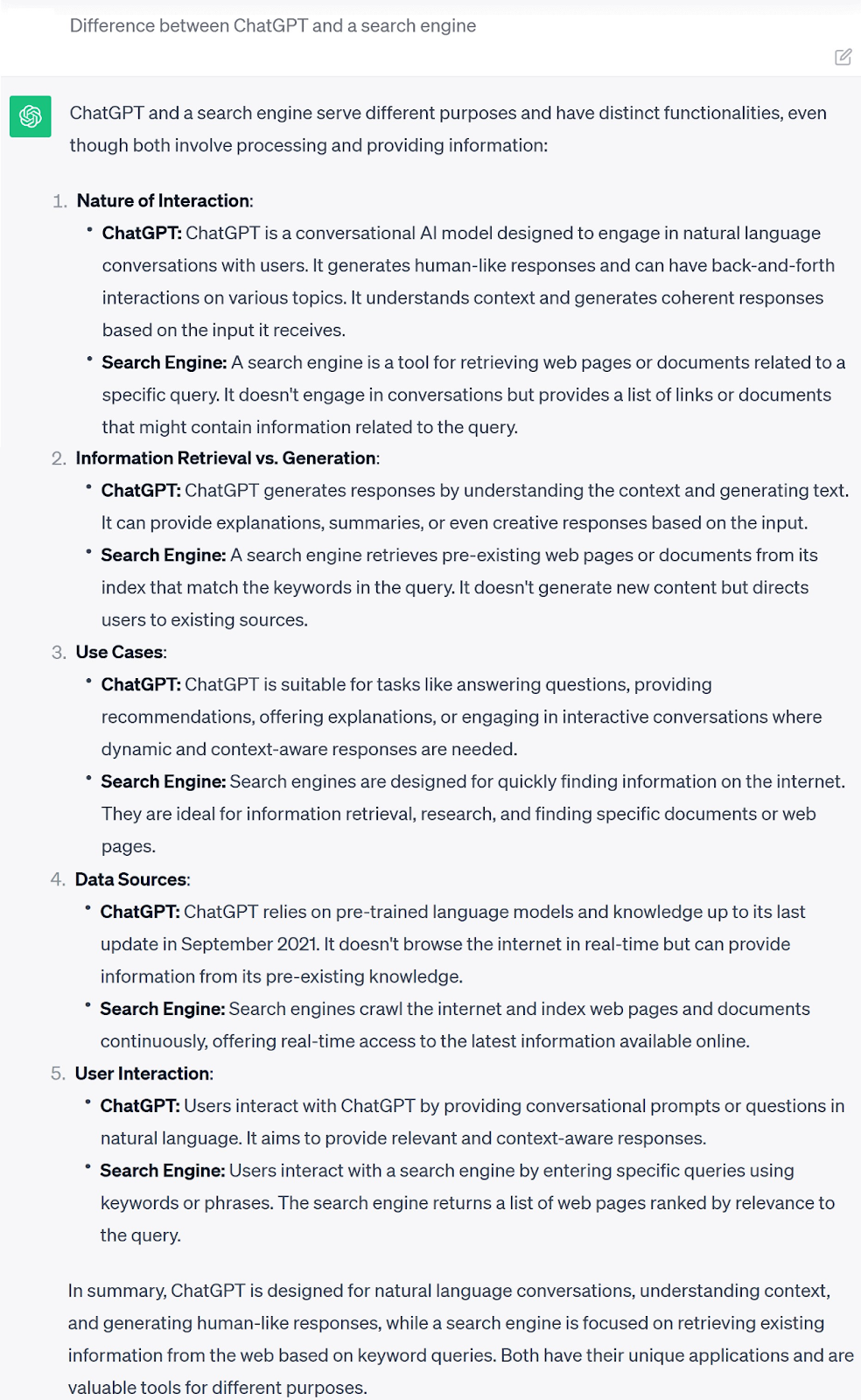 ChatGPT’s response to “difference between ChatGPT and a search engine” prompt