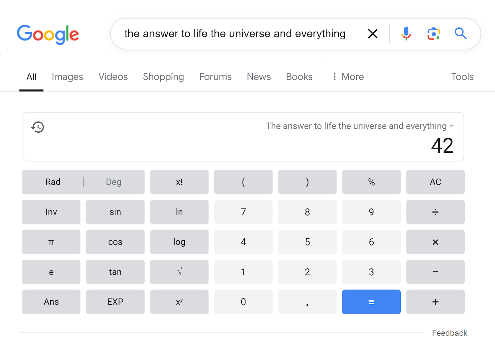 Google SERP for 'the answer to life the universe and everything'