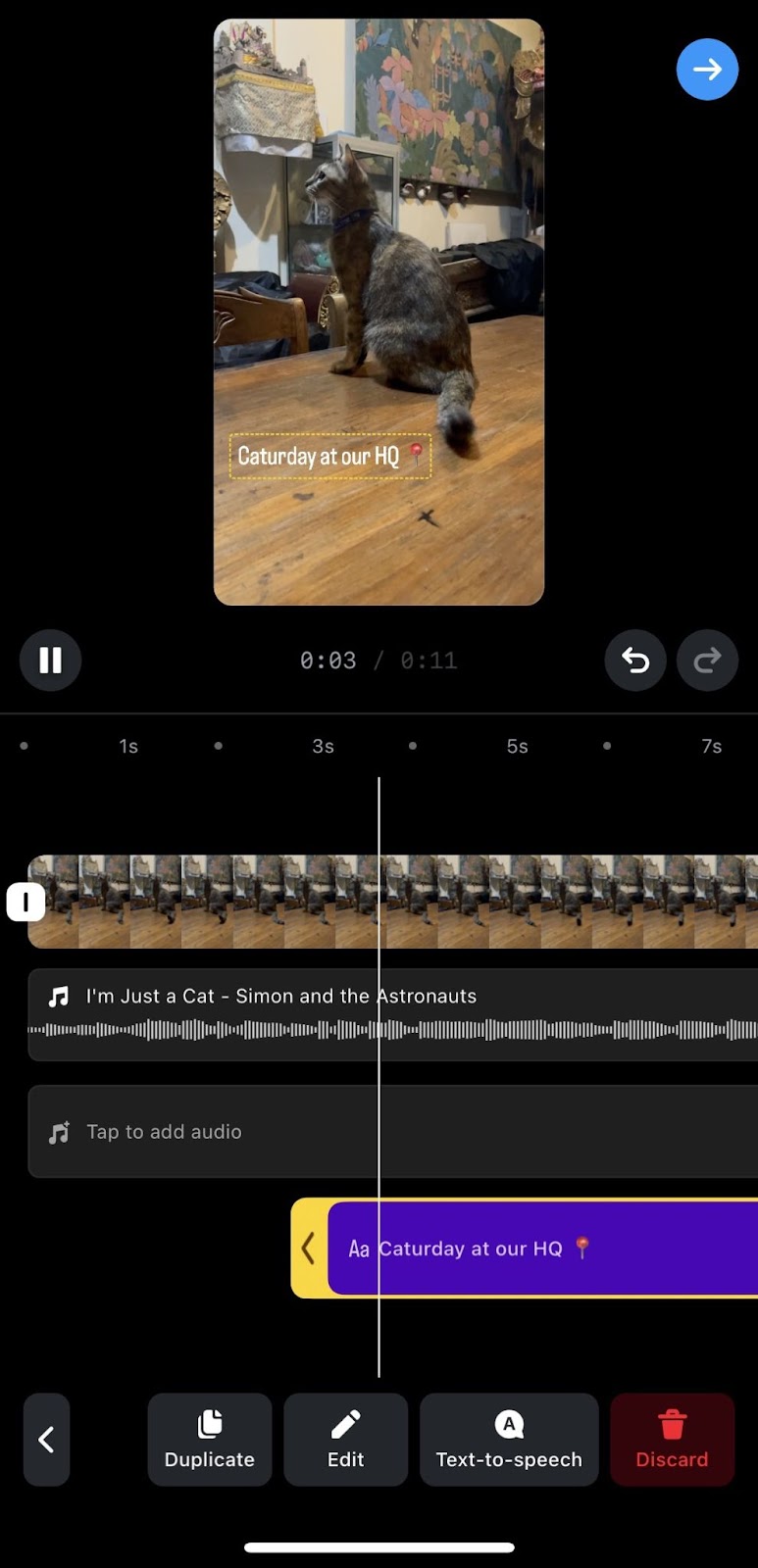 Editing options for an Instagram reel including options to trim the clip's length, adhd  euphony  and text, alteration  the playback speed, etc.