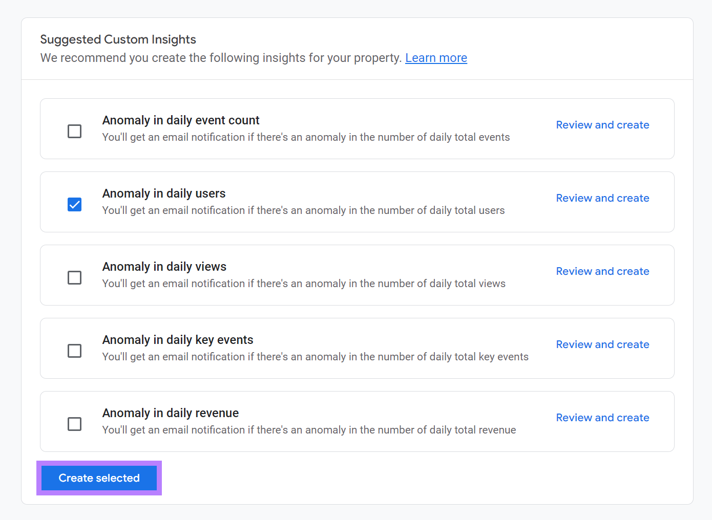 All custom insights except Anomaly in daily users unchecked and Create selected button highlighted.