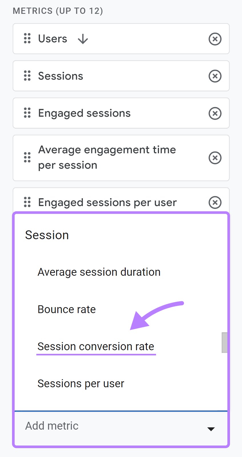 "Session conversion rate" selected under "Add metric" drop-down