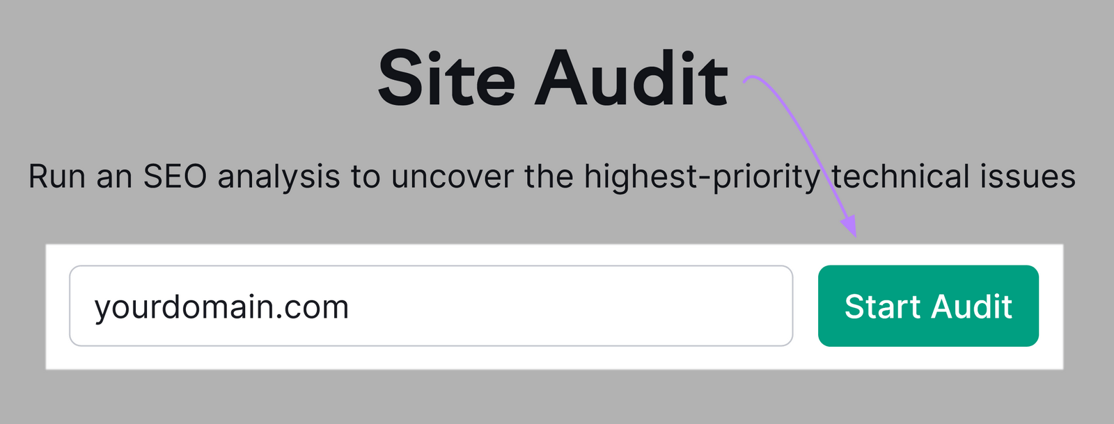 screenshot of Site Audit tool with "yourdomain.com" in search bar