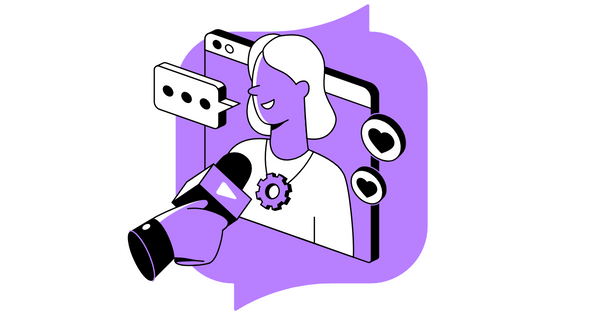 Digital PR - lady on a purple background - a microphone is held in front of her and she is speaking