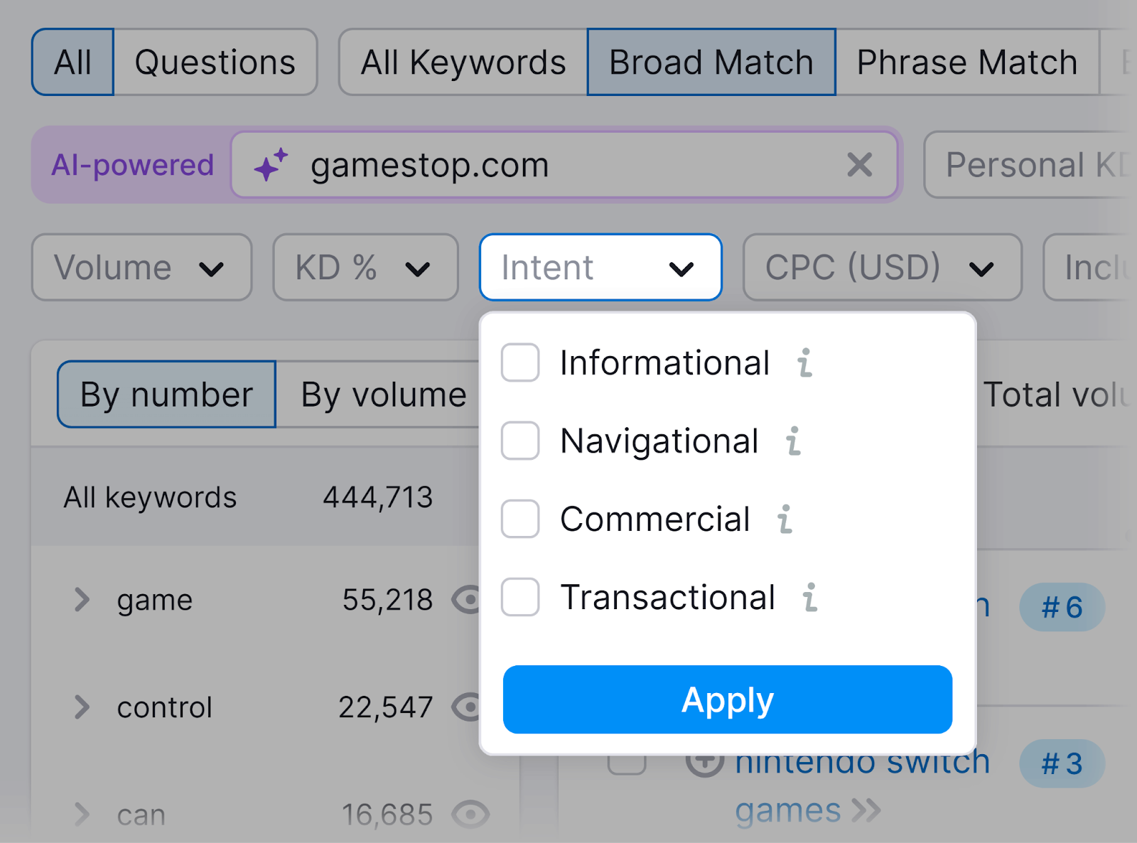 Intent filter expanded to reveal options.