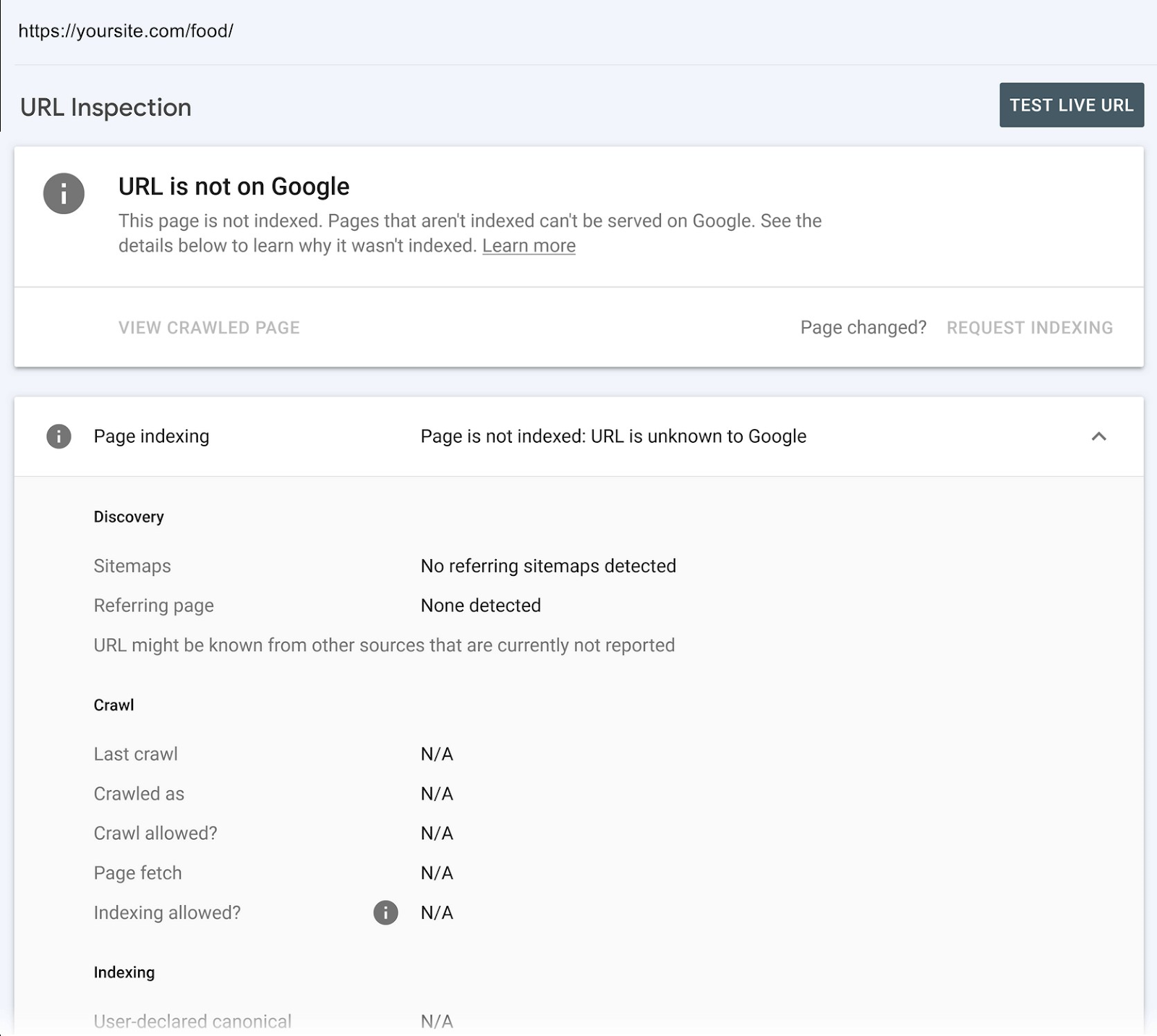 an example of "URL Inspection" page in Google Search Console