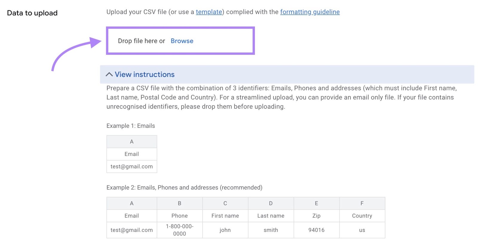 Option to upload a CSV file of your email list for a remarketing campaign on Google Ads.