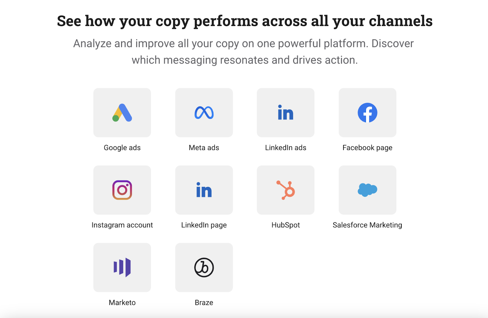 channel options for analyzing copywriting see  google ads, meta, instagram, linkedin, hubspot, and more