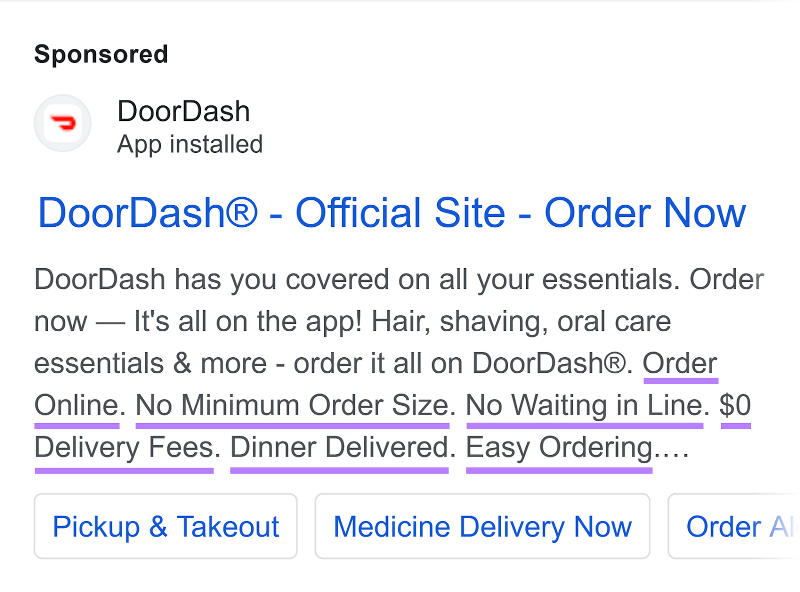 DoorDash's ad on Google SERP with a callout asset