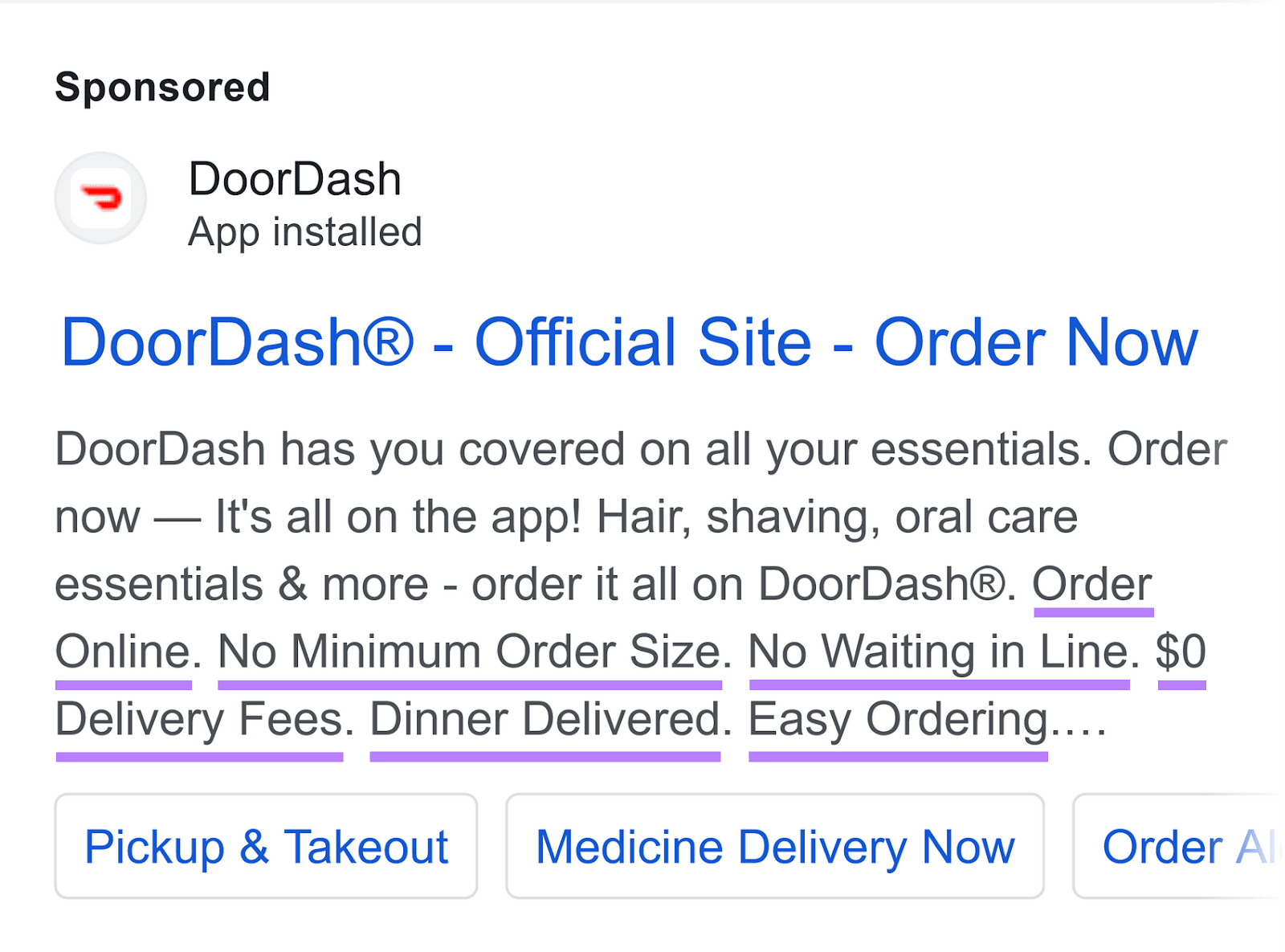 DoorDash's advertisement  connected  Google SERP with a callout asset