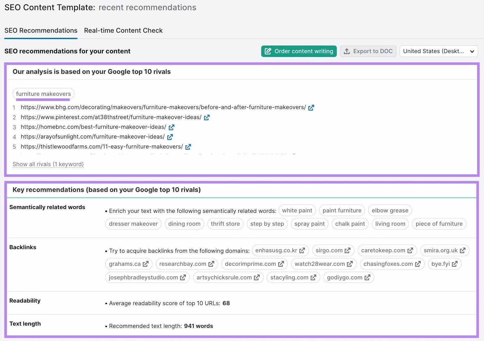 "SEO Recommendations" report for "furniture makeover" in SEO Content Template tool