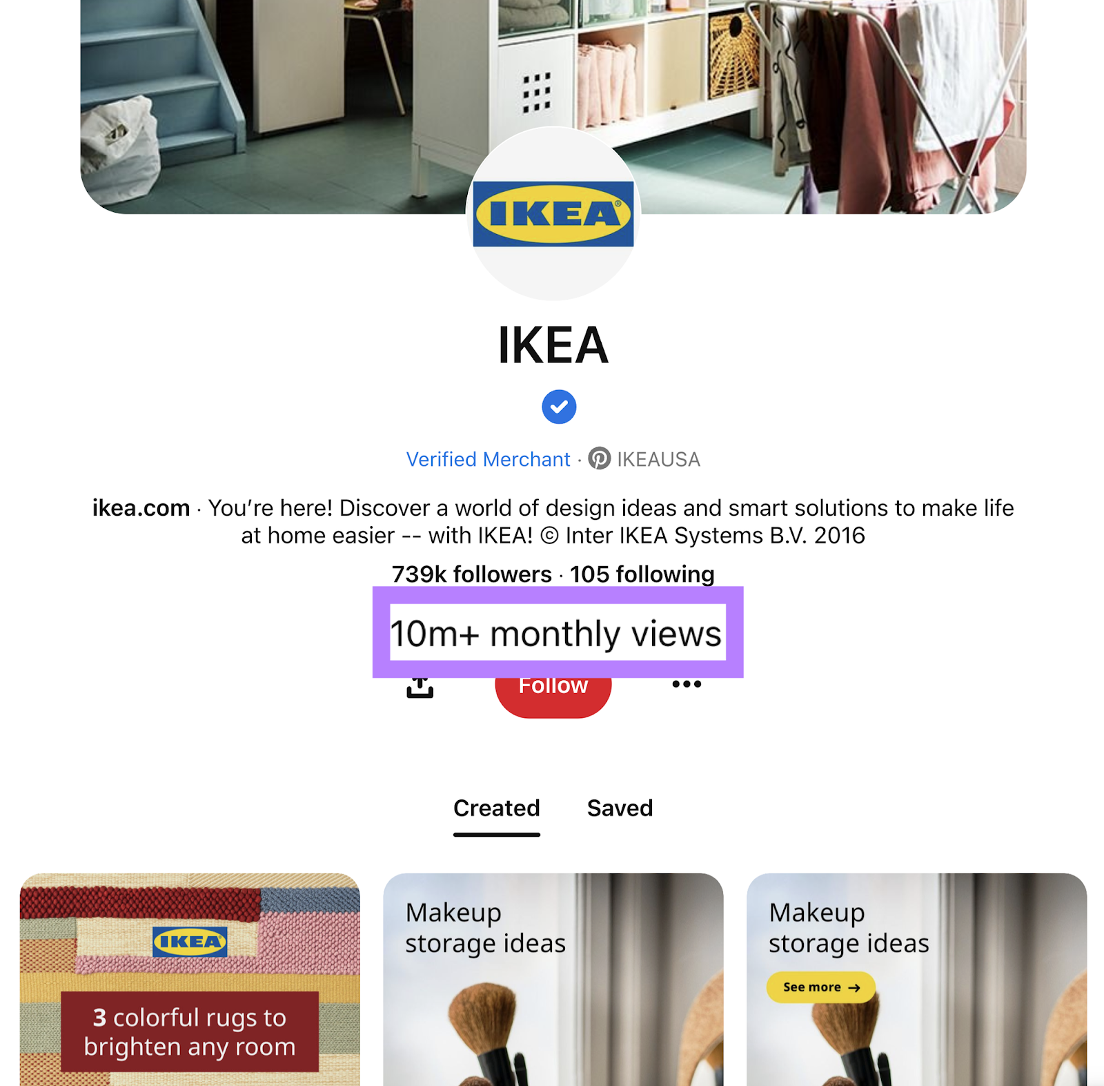 IKEA Pinterest profile with over 10m monthly views