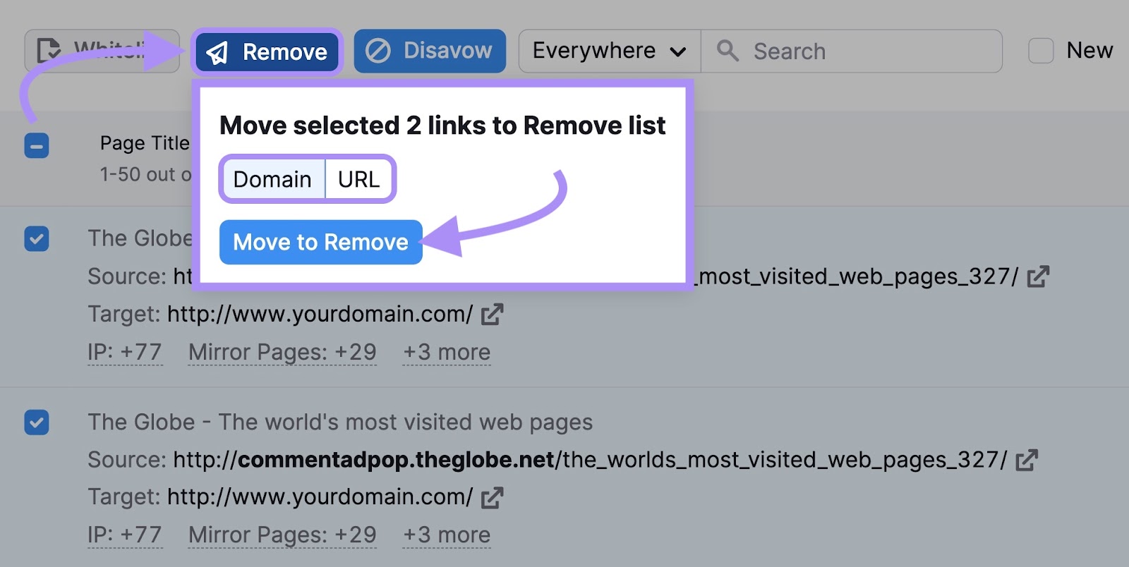 Move selected links to Remove list in Backlink Audit