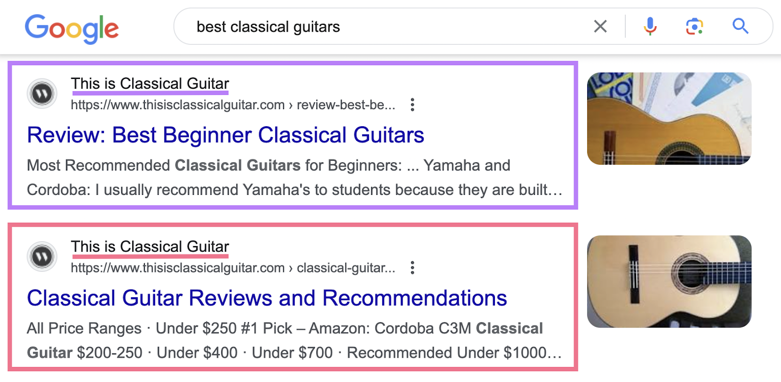 Google SERP shows two results from "This is Classical Guitar" page for "best classical guitars" query