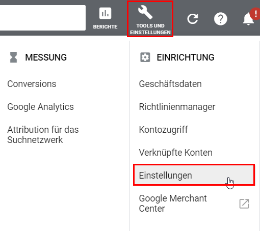 Google Ads: Einstellungsmenü