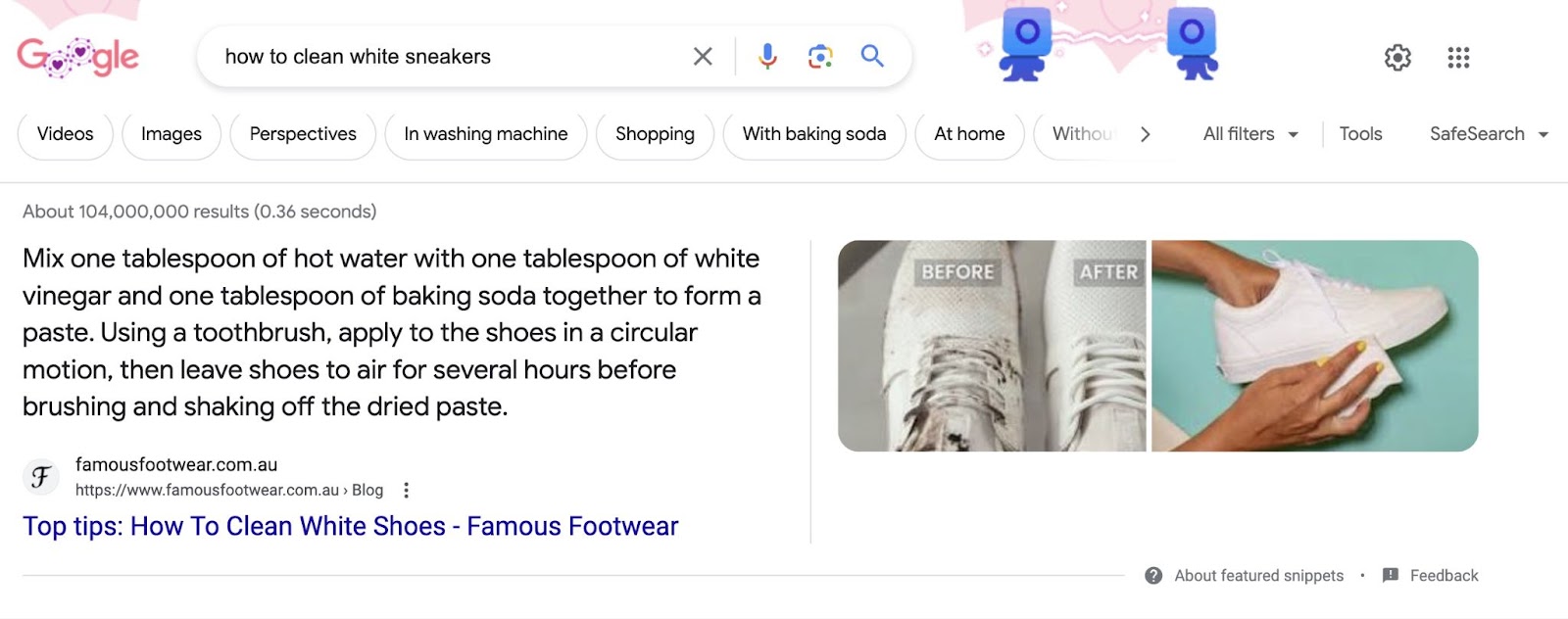 A featured snippet connected  Google SERP for "how to cleanable  achromatic  sneakers" query