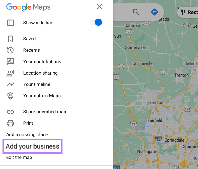 "Add your business" highlighted in the Google Maps menu on the left