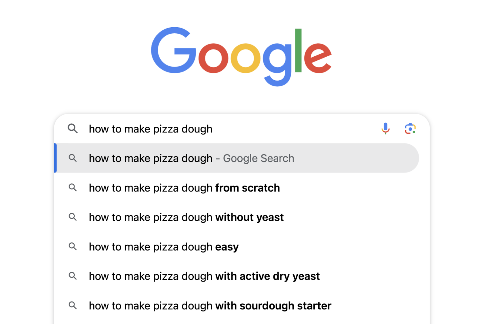 autocomplete suggestions for "how to marque   pizza dough" see  "from scratch," "without yeast," "easy," and more