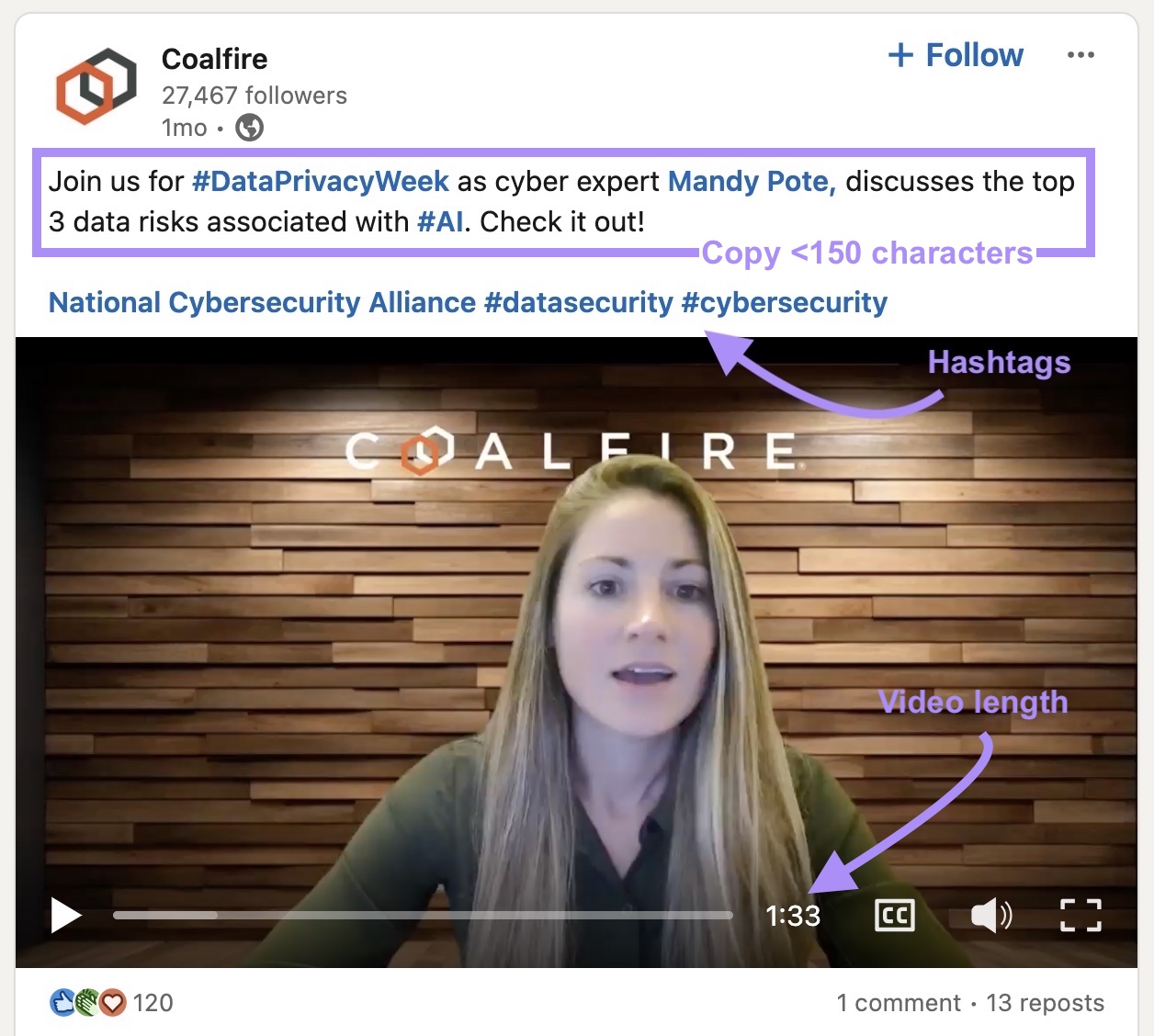 Coalfire's LinkedIn video with transcript  characters, hashtags, and video magnitude   elements highlighted