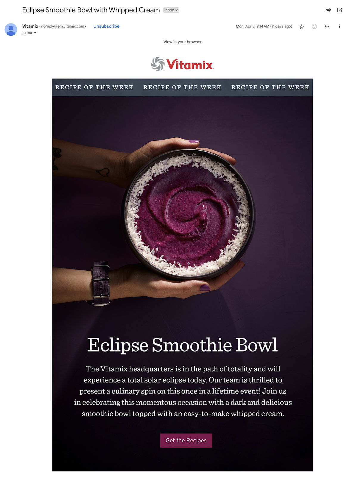 Vitamix email featuring an Eclipse Smoothie Bowl recipe with a purple smoothie