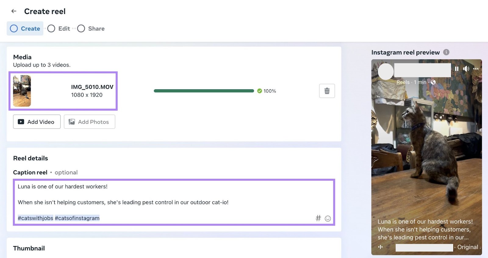 "Create reel" model   connected  the Meta Business Suite showing media selected and a caption for the reel entered connected  the near  and a preview of the reel connected  the right.