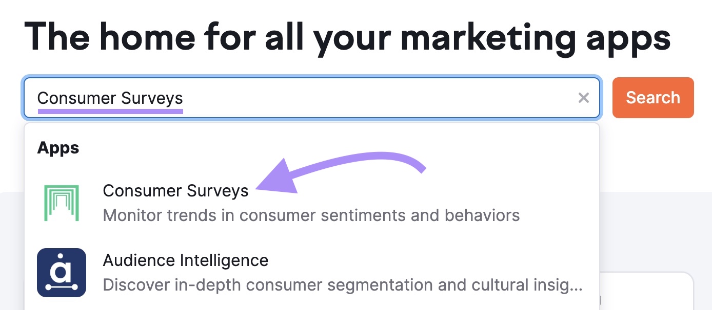 Searching for "Consumer Surveys" in Semrush App Center