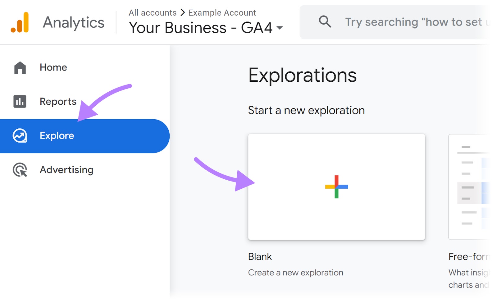 Área "Explorar" en el panel de control GA