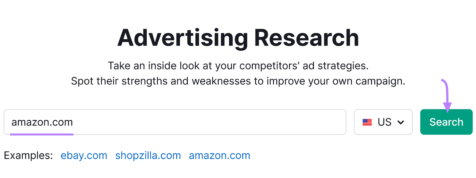 Semrush dashboard showing "Advertising Research," with "amazon.com" typed in the search bar, and a highlighted search button.