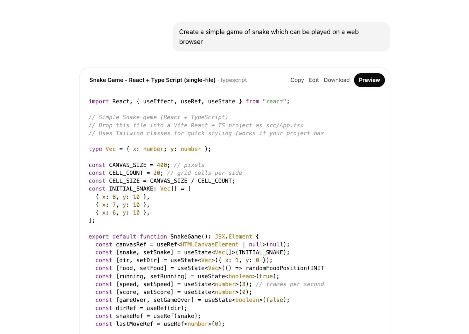 ChatGPT generating code for a game of snake based on a user prompt.