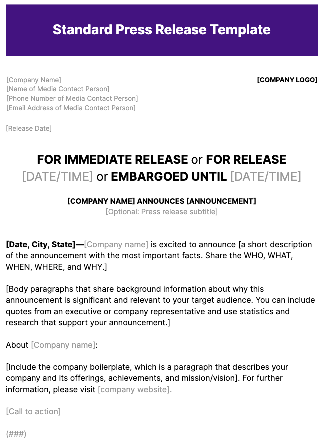 Standard Press Release Template