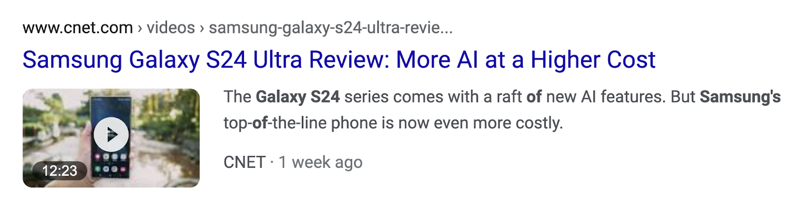 A video's title, description, thumbnail, and length displayed on SERP