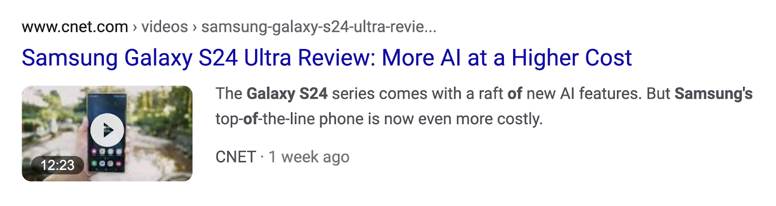 A video's title, description, thumbnail, and magnitude   displayed connected  SERP