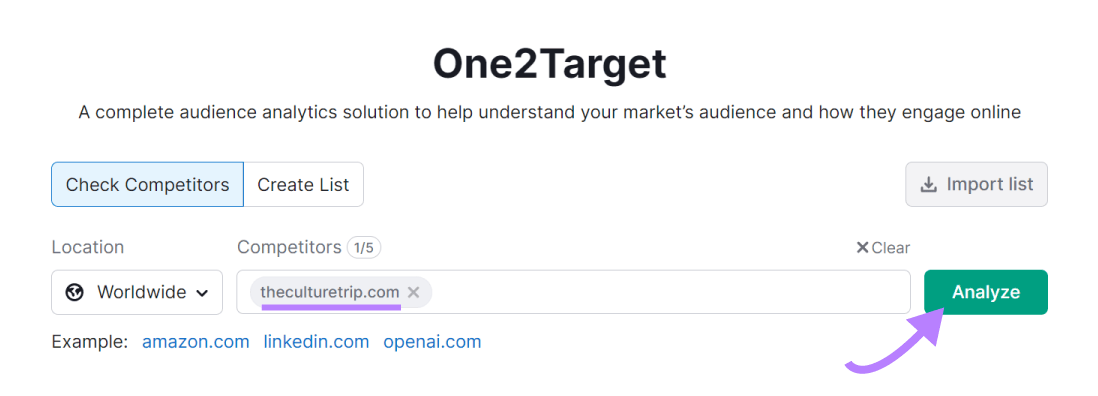 "theculturetrip.com" entered into the One2Target search bar