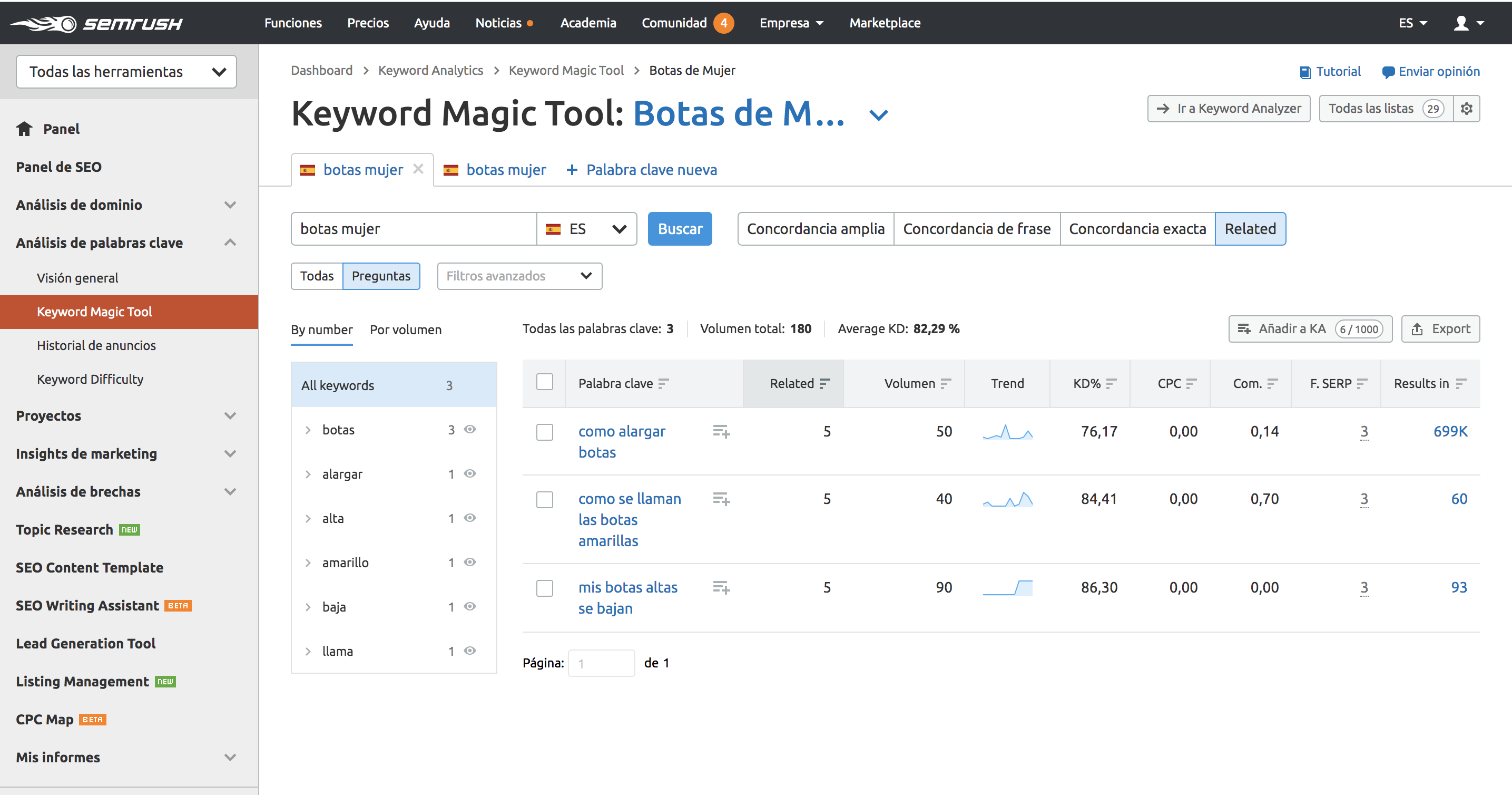 Análisis de keywords - Keyword Magic Tool palabras relacionadas