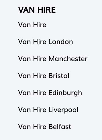 Hertz van hire landing page shows various options such as "van hire" "van hire london" "van hire manchester" etc