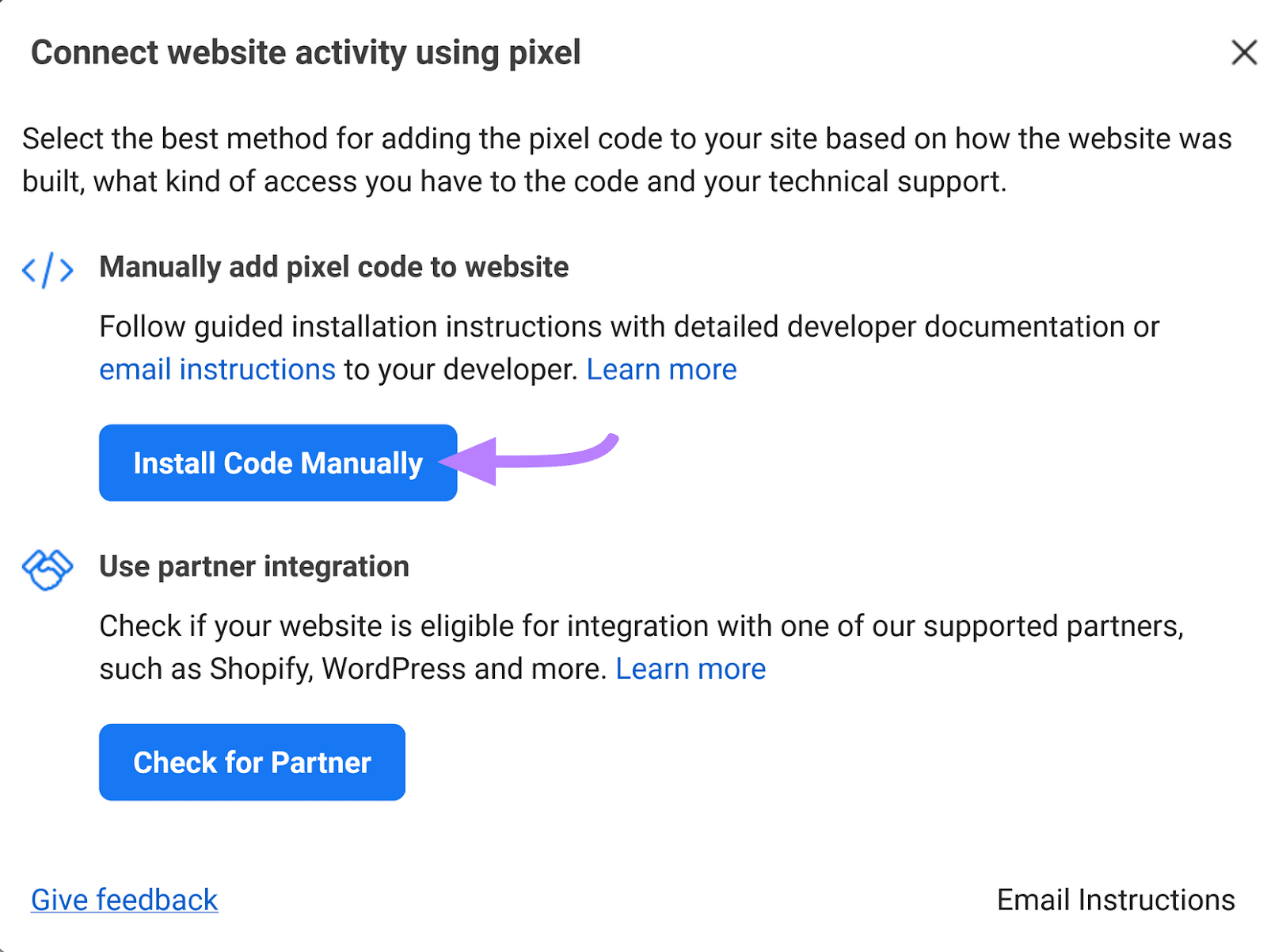 “Install Code Manually" option selected under "Connect website activity using pixel" window
