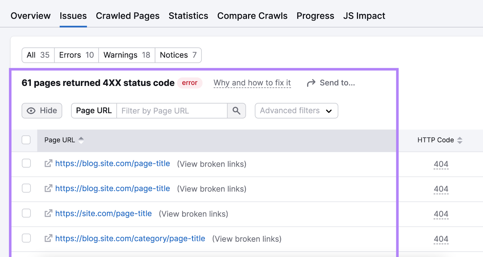 A database  of breached  pages with 4xx presumption    codification  recovered  successful  Site Audit tool