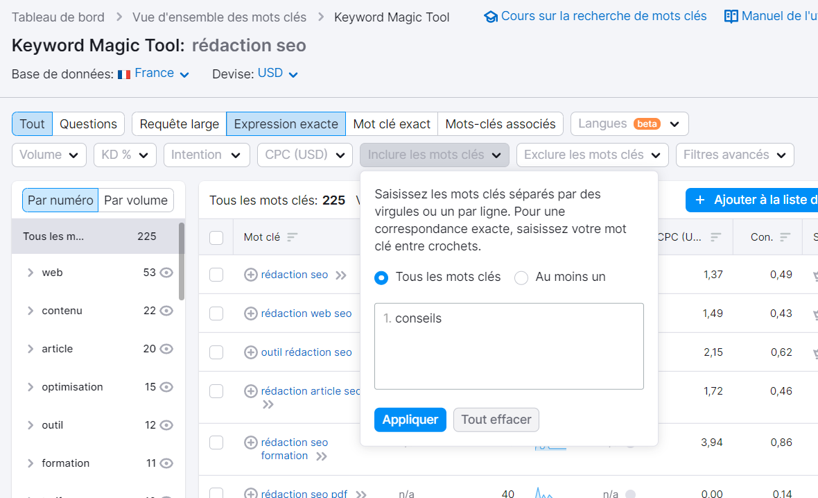 Keyword Magic Tool, inclure des mots clés