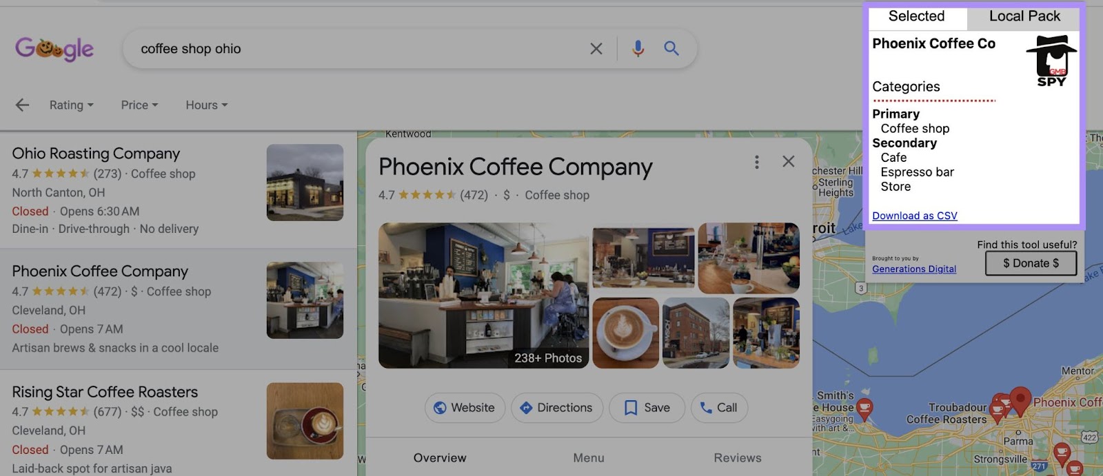 Phoenix Coffee Co's categories shown with GMBspy extension