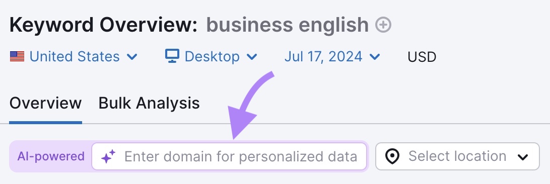 the AI-powered “Enter domain for personalized data” container  connected  Keyword Overview highlighted